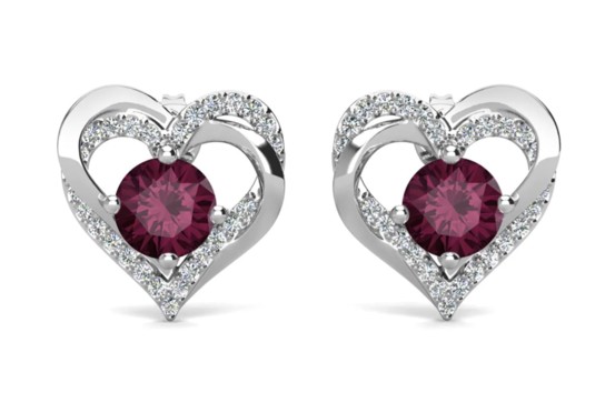 Forever 18k White Gold Plated Birthstone Double Heart Earrings with Crystals - February - Amethyst