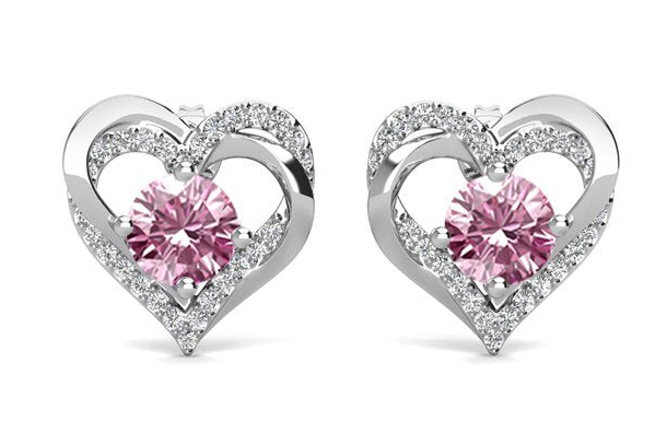 Forever Earrings - 18k White Gold Plated Birthstone Double Heart Crystal Earrings for Women