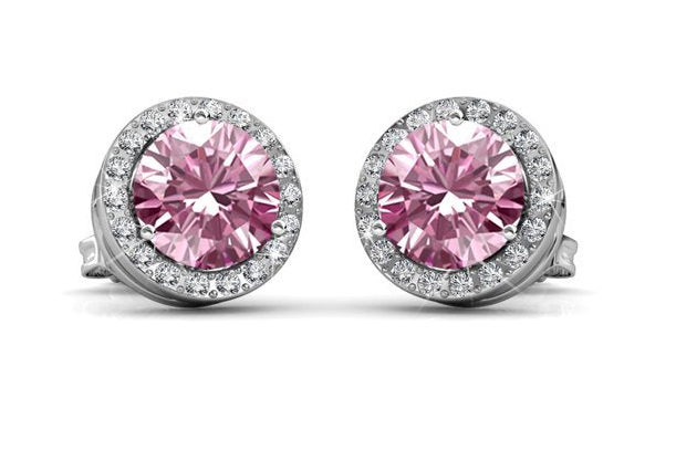 Royal Earrings - 18k White Gold Plated Birthstone Round Cut Crystal Halo Earrings