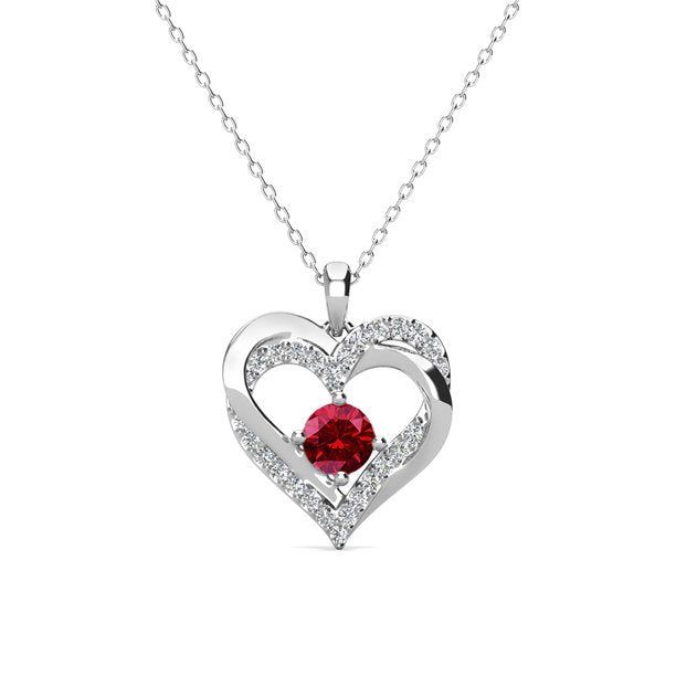 Forever 18k White Gold Plated Birthstone Double Heart Necklace with Swarovski Crystals - January - Garnet