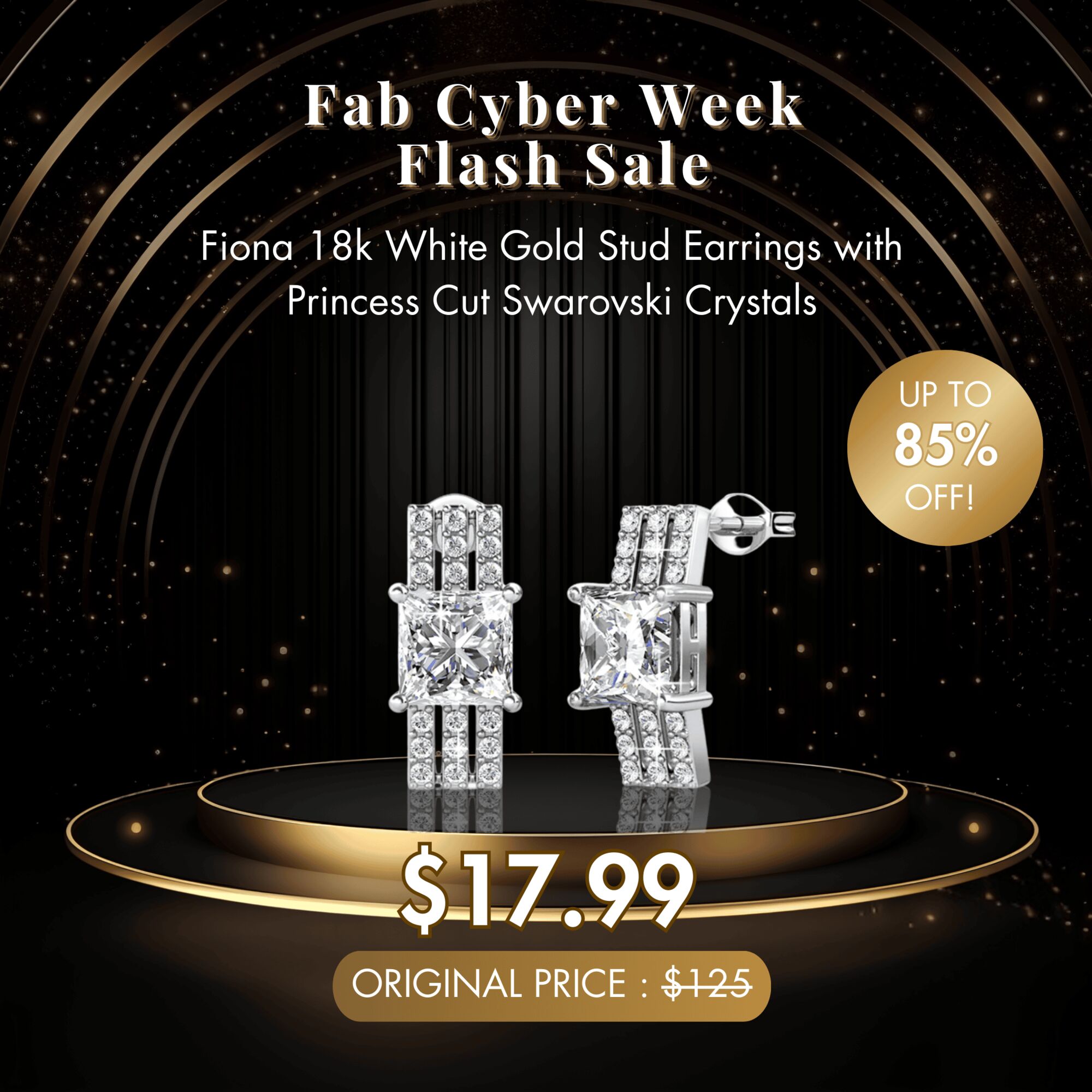 Fiona 18k White Gold Stud Earrings with Princess Cut Swarovski Crystals - Fab Cyber Week Flash Sale