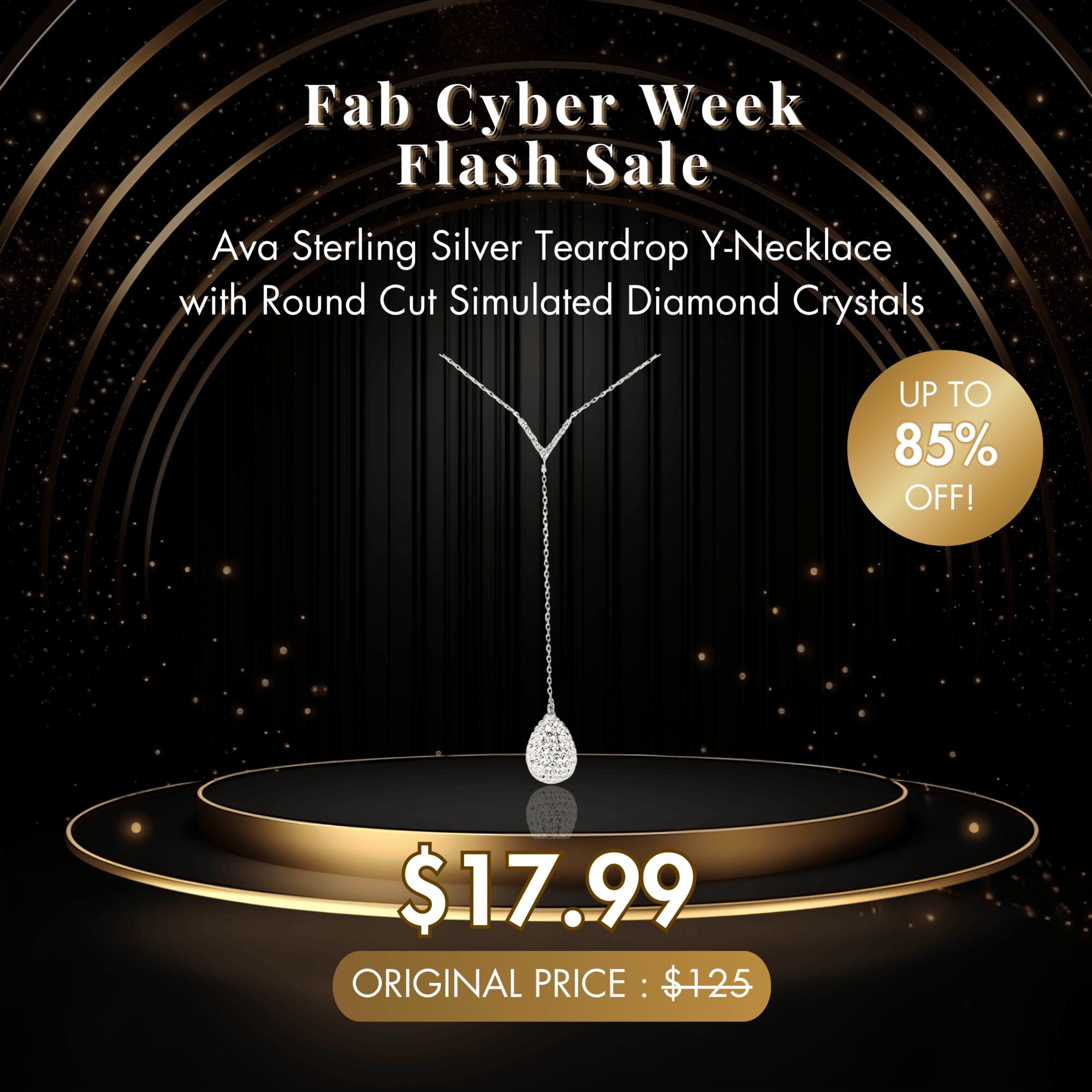 Ava Sterling Silver Teardrop Y-Necklace with Round Cut Simulated Diamond Crystals - Fab Cyber Week Flash Sale