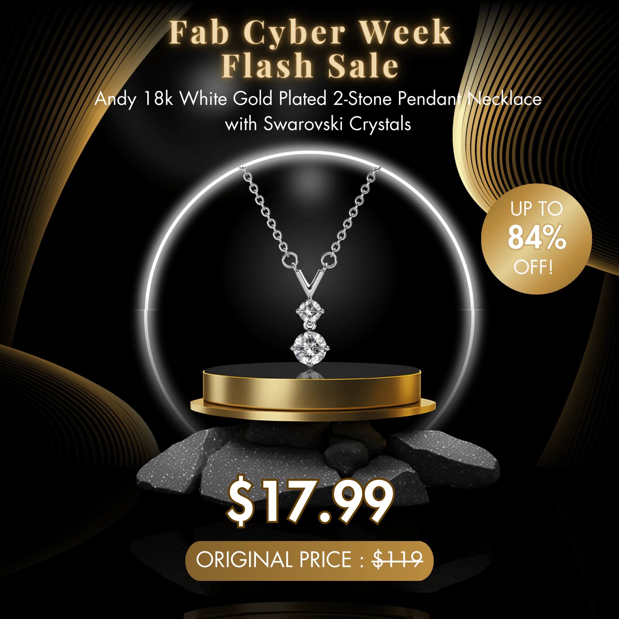 Andy 18k White Gold Plated 2-Stone Pendant Necklace with Swarovski Crystals - Fab Cyber Week Flash Sale