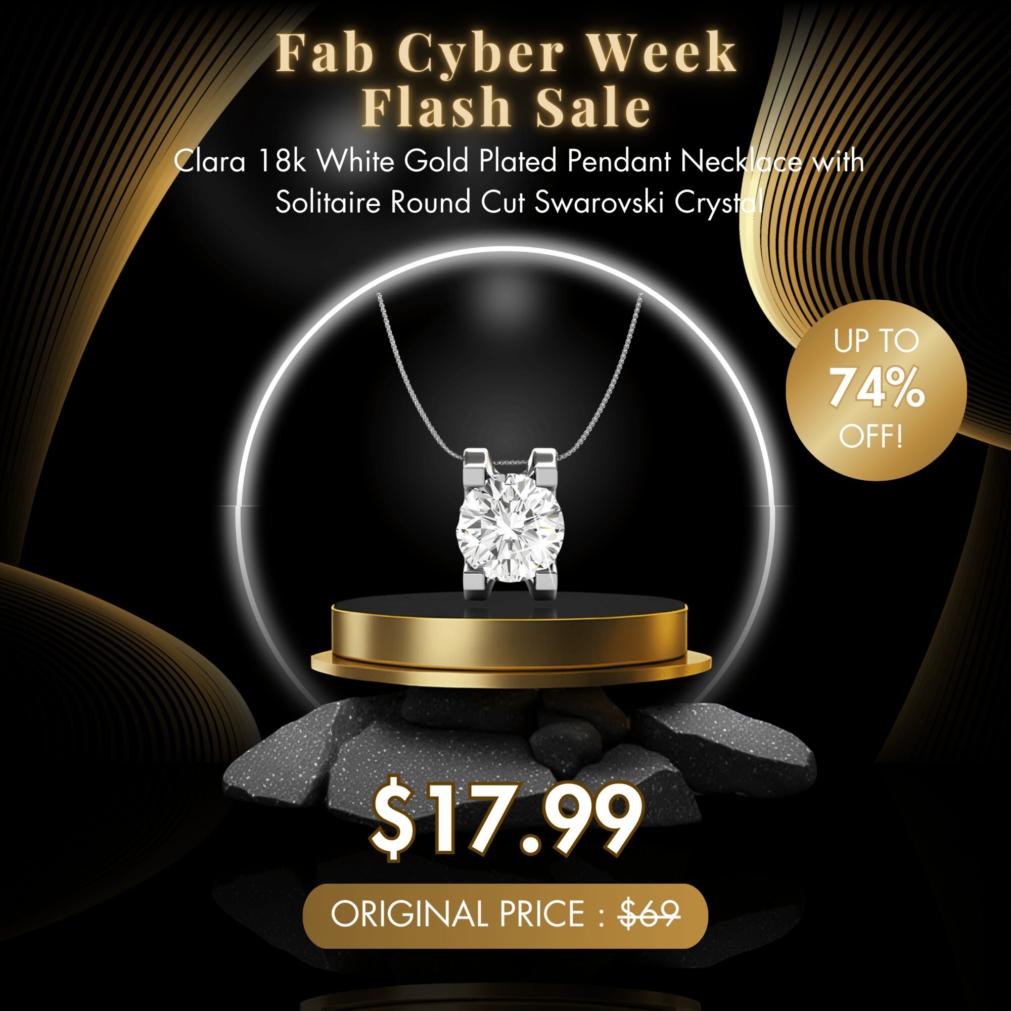 Clara 18k White Gold Plated Pendant Necklace with Solitaire Round Cut Swarovski Crystal - Fab Cyber Week Flash Sale