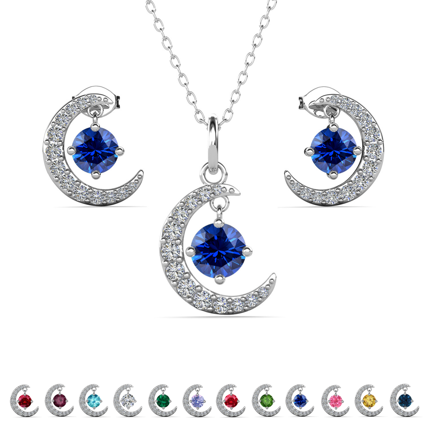 Luna Birthstone 18k White Gold Plated Silver Crescent Earrings and Necklace Set with Swarovski Crystals - September -...